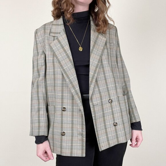Vintage Plaid Double Breasted Oversized Blazer Jacket Pea Coat Preppy Long Light - Picture 3 of 6